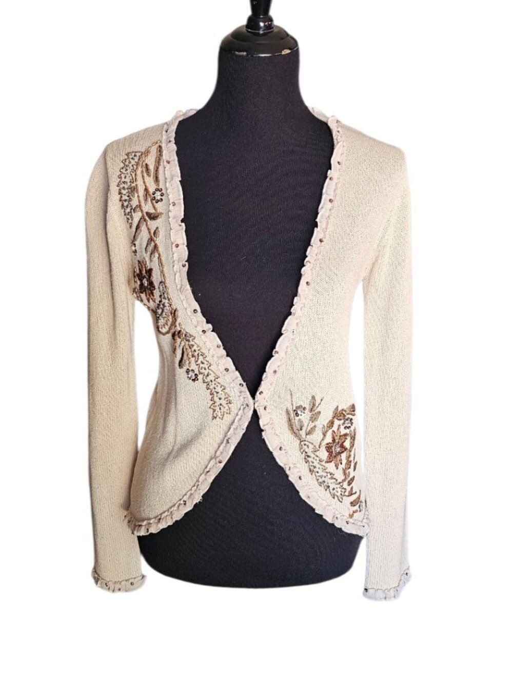 Coldwater Creek Embellished Beaded Cardigan Embroidered Cream XS